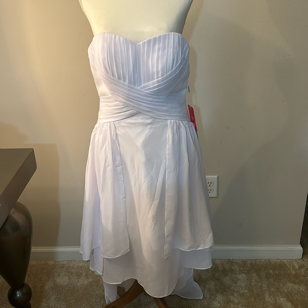 JJs House White Strapless Chiffon High-Low Cocktail Dress